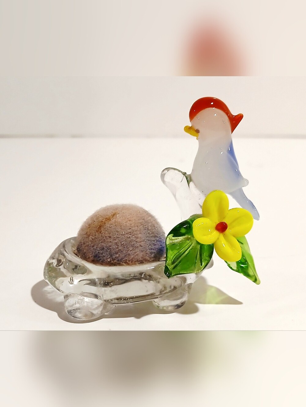 Vintage Glass Bird Pin Cushion with Yellow Flower